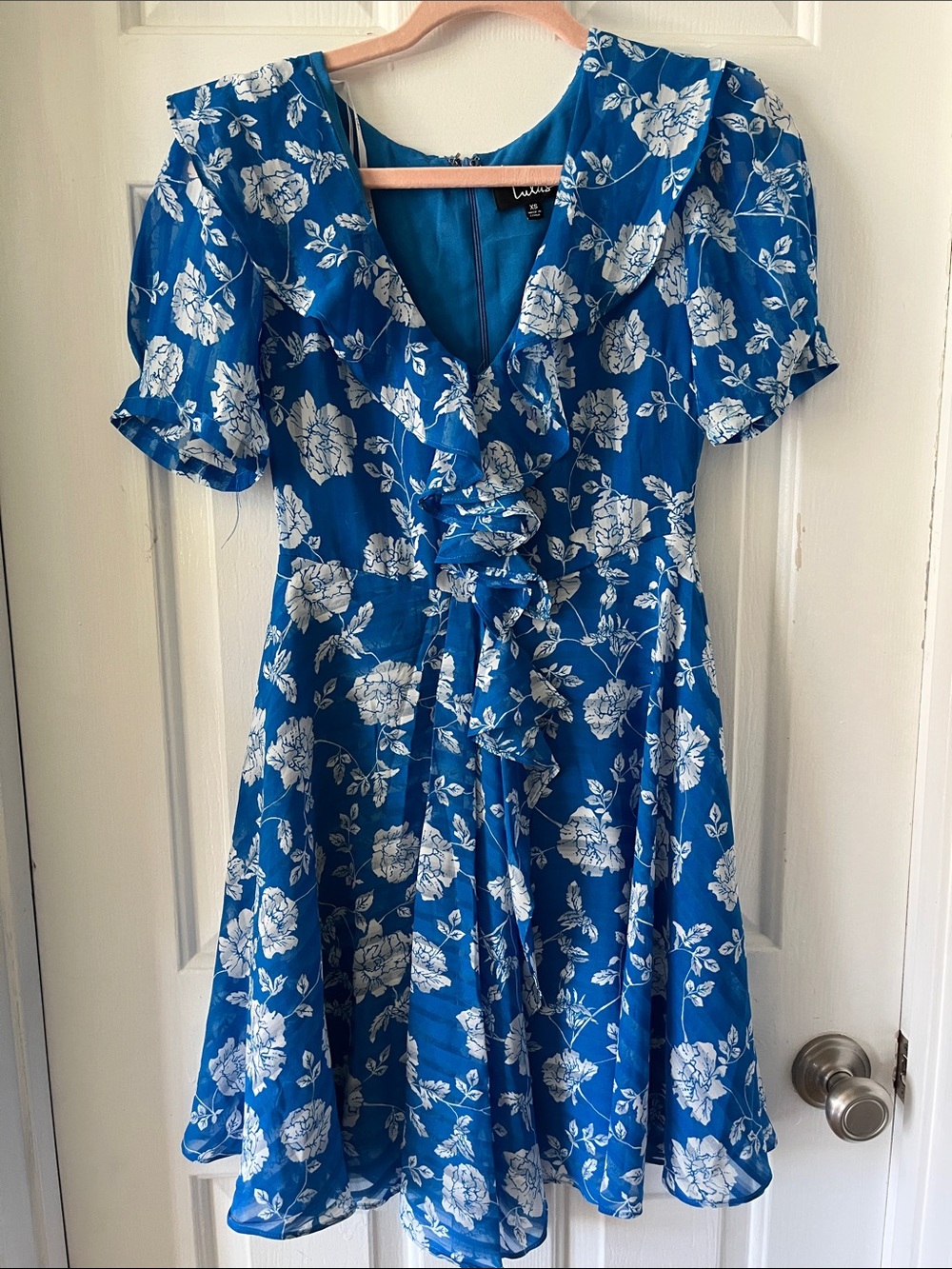 Lulu's Royal Blue & White Floral Ruffle Tie-Front Mini Dress